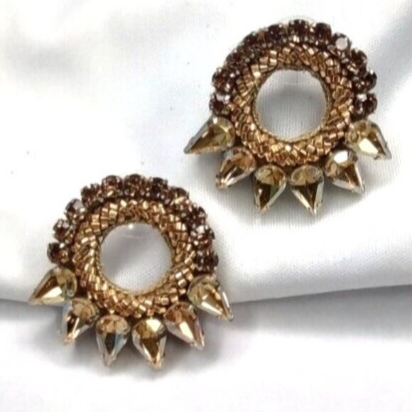 Anthropologie Deepa Gurnani Earrings Valencia Beaded Crystal Gold Studs - Picture 2 of 11